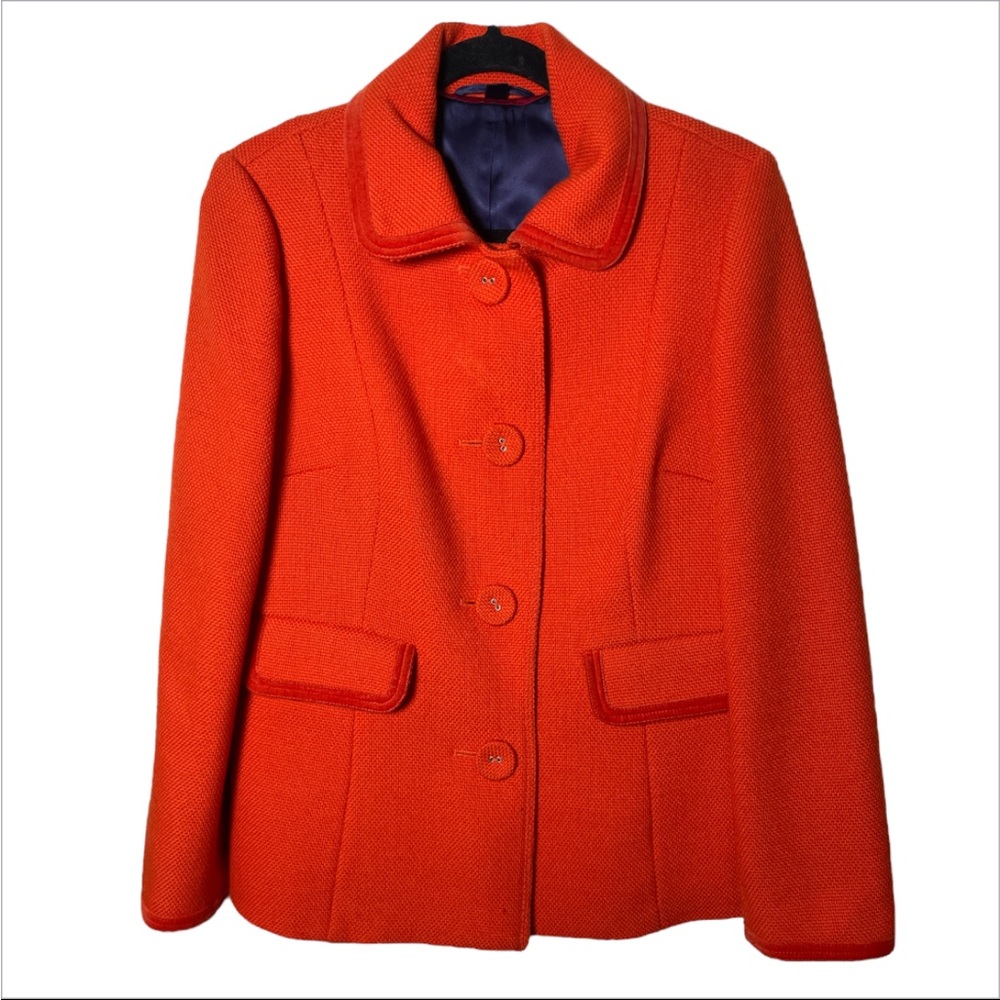 Boden Womens 14 Orange 100% Wool Blazer Jacket Velvet Trim Tailored Preppy